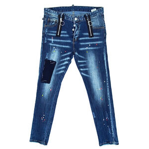 DSQUARED2 Our Best Fantasy Paint Spattered Distressed Button Fly Blue Jeans 50